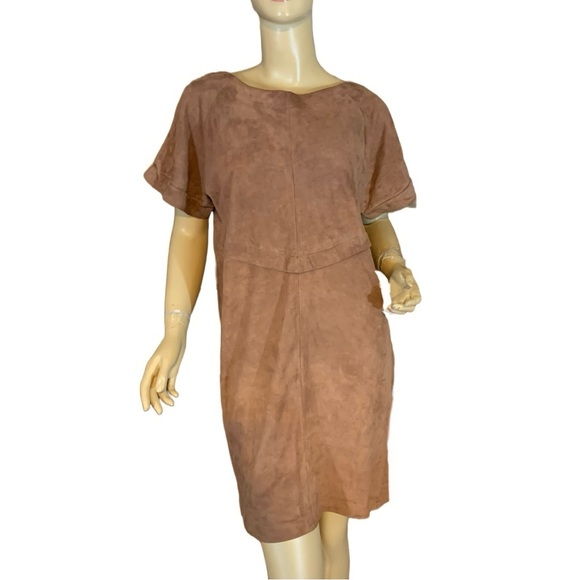 VINTAGE 1970'S ANN TAYLOR BROWN GENUINE SUEDE SHORT SLEEVE SHIFT DRESS (6) - Picture 2 of 14